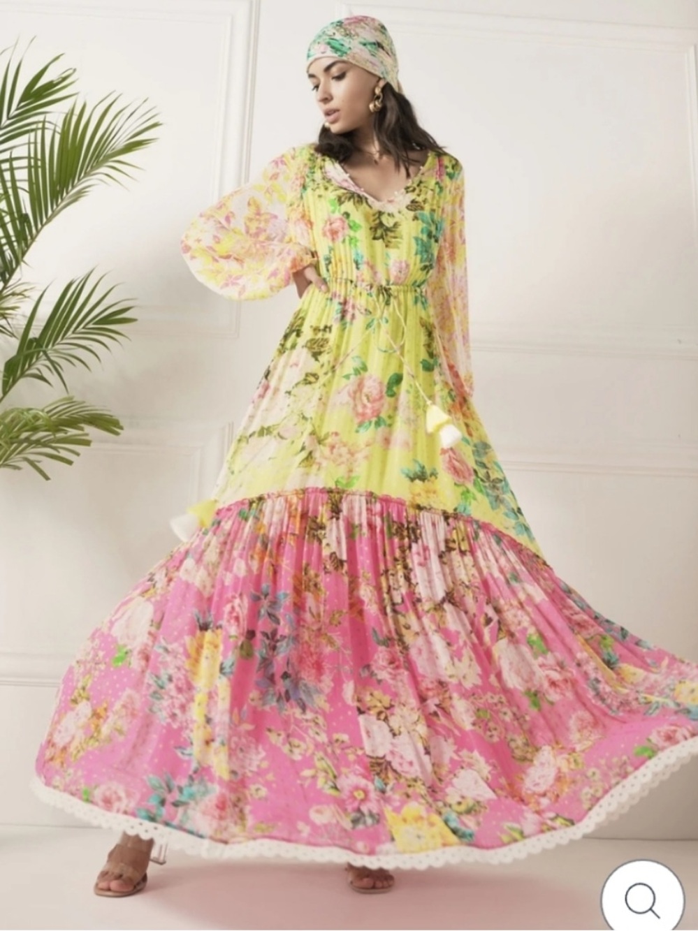 Hemant & Nandita Dress Jolie Maxi in Tricolor Green Yellow Floral